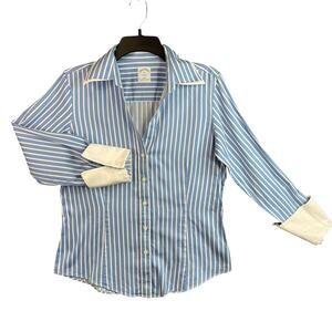 Brook Brothers Cotton Blue Stripes Fitted Stretch Womens Polo Shirt 10